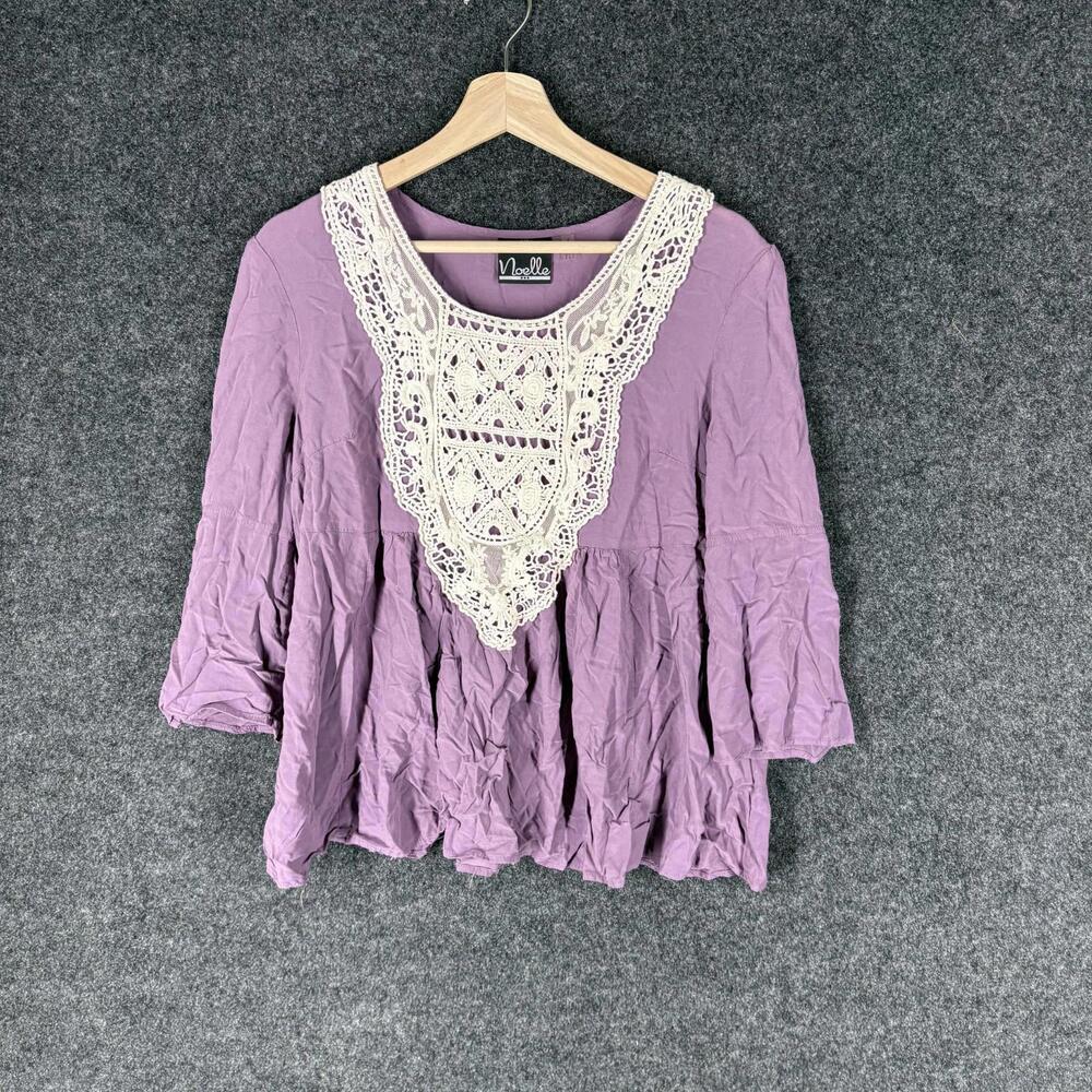 Noelle Blouse Women L/XL Purple Crochet 3/4 Sleeve Round Neck Pullover Casual